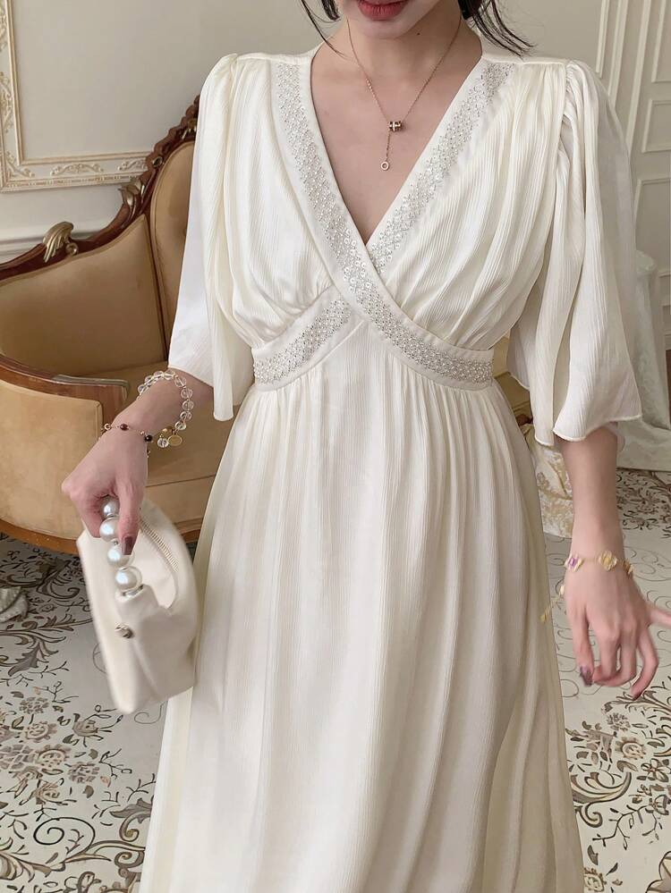 Women's V-Neck Sequin Elegant Short Sleeve Boho Midi Beach Dress, Summer