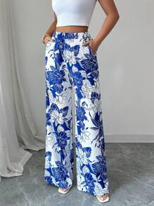 Elenzga Calça Reta Larga Casual Solta e Elegante Feminina, Cintura Elástica com Estampa Multicolorida, Verão - Multicolorido - Visão 5