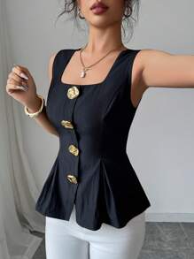 Elenzga New Summer Elegant Fashion Large Metal Button Backless Tie Slim Sleeveless Solid Color Women Shirt - Black - View 6