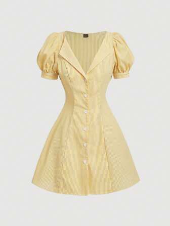 SHEIN MOD ストライプカラー パフスリーブ シャツドレス