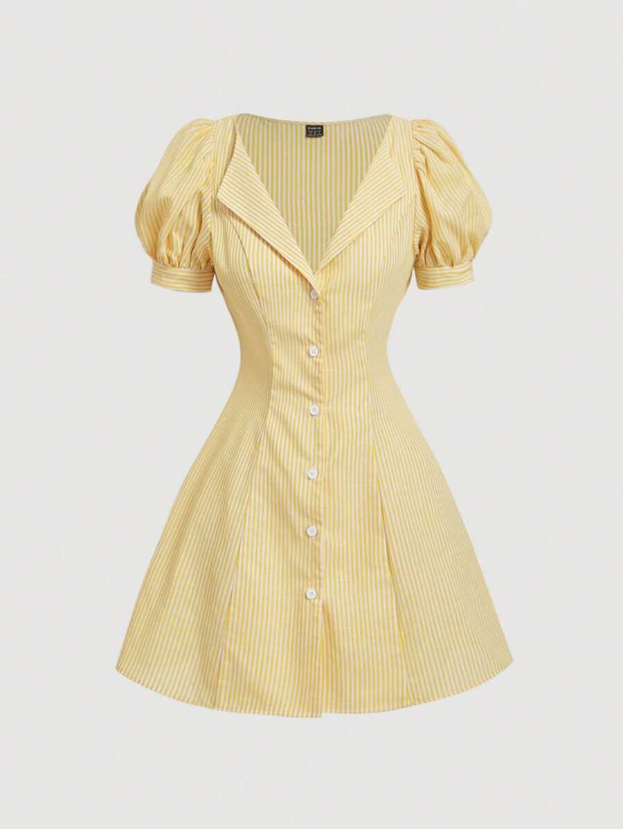 SHEIN MOD 条纹领泡泡袖衬衫裙 - 黃色 - 查看 1