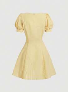 SHEIN MOD 条纹领泡泡袖衬衫裙 - 黃色 - 查看 2