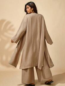 Sunserae 大码女式两件套休闲长袖宽松开衫和阔腿裤，适合所有季节 - 卡其色 - 查看 2