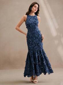 Anewsta Váy ren hoa cổ yếm cho nữ, váy bó thanh lịch, mùa hè, lễ hội, ngày lễ, kỳ nghỉ, thanh lịch, giản dị - Màu xanh hải quân - Xem 3