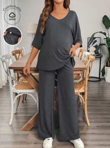 SHEIN Maternity Two Pieces Suits,Maternity Set,Maternity Clothes - Dark Grey - View 3