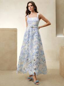 Anewsta 法式度假优雅细肩带蕾丝花卉印花腰部连衣裙，适合春夏季、节日、毕业典礼 - 淺藍色 - 查看 4
