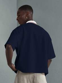 SUMWON 奥斯曼针织宽松 Polo 衫短袖运动服优质领口上衣夏季休闲现代超大中性街头服饰欧洲都市当代 - 藏蓝色 - 查看 2