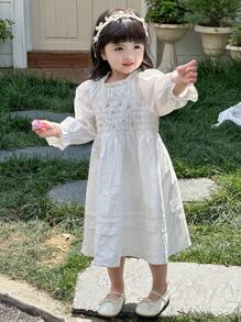 DAZY Baby Girls' Round Neck Embroidery Casual Cute Solid Color Puff Sleeve Dress Fall,Winter Toddler Girls Clothes - White - View 7