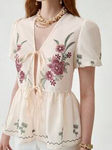 Florisole Women Boho V-Neck Puff Sleeve Tie-Waist Outerwear Shirt, Vacation/Resort Wear, Spring/Summer - Apricot - View 2