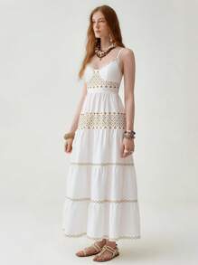 Florisole Bohemian Print Multi-Layered Patchwork Positioning Floral Dress For Women - White - View 6