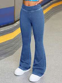 SHEIN Tween Girl Fashion Casual Blue Denim Daily Exercise Basics Stretch Slim Flared Jeans For Girls Soft Dailywear And The Four Seasonsr Tween Girl Clothes - Medium Wash - View 4