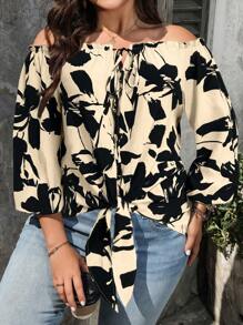 SHEIN LUNE 大码女式印花露肩休闲衬衫，春夏 - 杏色 - 查看 5