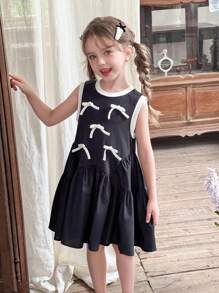 LMoss Kids Vestido ajustado sin mangas de cuello redondo de punto con diseño de parches y bajo acampanado para niña - Azul - Ver 4