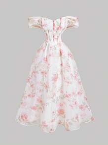 SHEIN MOD 女士夏季优雅碎花欧根纱露肩连衣裙、舞会礼服、女士碎花连衣裙、优雅女士连衣裙、夏季连衣裙、波西米亚风、女士正式派对礼服、女士长裙 - 彩色 - 查看 3