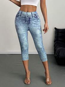 EMERY ROSE Women's Denim Effect Print Casual Fashionable 7/8 Length Leggings