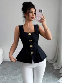 Elenzga New Summer Elegant Fashion Large Metal Button Backless Tie Slim Sleeveless Solid Color Women Shirt - Black - View 4