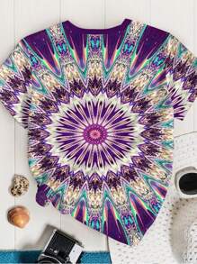 Plus Size Women's Floral Print Tees, Mandala Art Pattern Summer Women,Plus Size Women Graphic Tees,Casual Wear - Multicolor - View 2