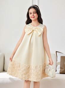 Tween Girl 3D Flower Patchwork Big Bow Decor Round Neck Sleeveless A-Line Dress