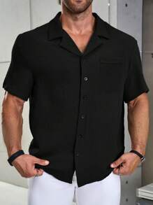 Manfinity Homme 大码男士纯色短袖单排扣休闲纽扣衬衫，夏季，男士黑色纽扣衬衫，男士纽扣衬衫 - 黑色 - 查看 3