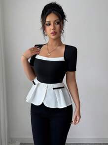 Elenzga Elegant Contrast Color Blocking Fitted Waist Short Sleeve T-Shirt, Summer , Peplum Top - Black and White - View 5