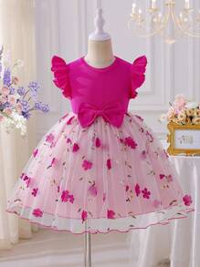 SHEIN Glamorique Kids 女孩优雅甜美可爱圆领荷叶边罗纹面料合身腰部 3D 网眼刺绣 A 字裙，时尚公主风格适合假期、派对、度假、夏季 - 玫紅色 - 查看 3