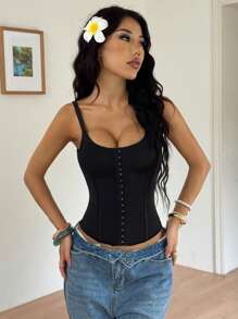 SHEIN EZwear 1 chiếc áo yếm trơn màu dành cho nữ có 9 xương ở lưng - màu đen - Xem 3