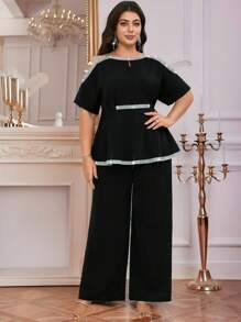 Ellevyn Curve 加大码女式浪漫优雅日常黑色圆领银丝边露肩镂空腰衬衫 + 松紧腰阔腿裤正式两件套西装、露肩上衣、女士办公室服装、商务休闲女装、节日服装、女士演唱会服装、女士优雅服装、女士两件套、女士裤装、夏季两件套、女士夏装、外出、度假两件套 - 黑色 - 查看 6