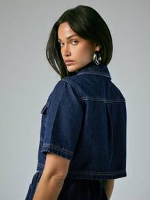 Flap Pocket Button Front Casual Boxy Cropped Denim Top - Dark Wash - View 4