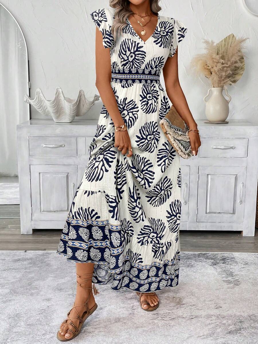 SHEIN LUNE Shirred Ruffle Trim Flutter Sleeve, Cinched Waist And Ruffle Hem Swing A-Line Maxi Dress, Casual Vacation Floral Print For Women,Bohemian Clothes - Royal Blue - View 1