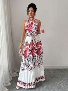 Elenzga Vestito lungo casual da donna senza maniche, con colletto alla coreana, stampa floreale francese elegante, con cintura e dettagli plissettati, adatto per primavera/estate