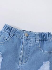 Denimly Young Girl Street 扎染脸图案 T 恤和破洞牛仔松紧腰短裤两件套 - 粉色 - 查看 7