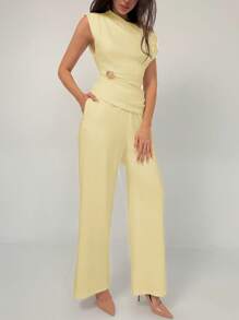 Aloruh Early Spring New Simple Solid Color Waist-Cinched Top With Straight Leg Pants 2Pcs Suit, Comfortable & Versatile Work Outfit - Yellow - View 5