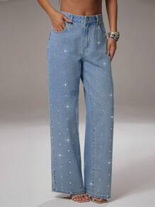 Avantive 俱乐部派对女士毕业办公室西装女士浅蓝色直筒牛仔裤，水钻牛仔裤