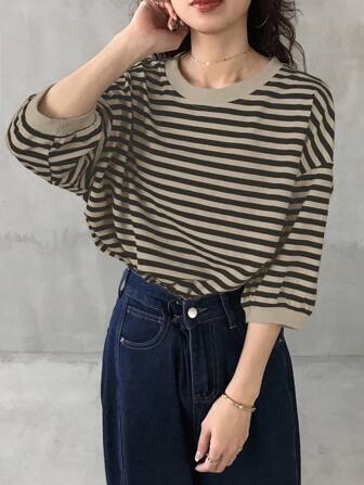 FRIFUL Damen Lässig Rundhals Dropped Shoulder gestreifter Strickpullover, Loose Fit Damen Sommer Bekleidung Damen Sommer Shirts Sommer Kleidung Lässig Tops Lässig Tops für Damen