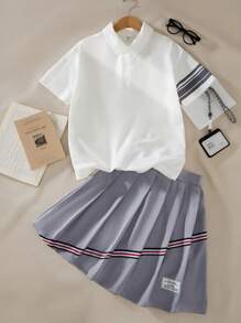 SHEIN Explorewe 青少年女孩学院风撞色条纹 Polo 衫和百褶裙两件套