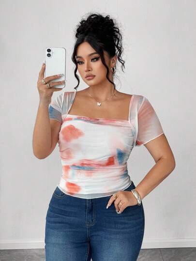 Elenzga Camiseta casual de verano con cuello redondo, mangas cortas transparentes y volantes, con efecto arrugado, en estilo tie-dye elegante, para mujeres de talla grande, ropa de verano estilo Y2K