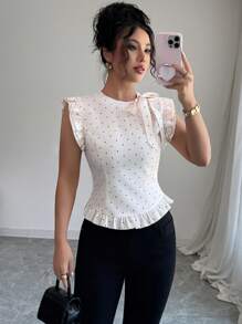 Elenzga Áo peplum tay ngắn in họa tiết chấm bi buộc phía trước cho nữ - Màu be - Xem 6