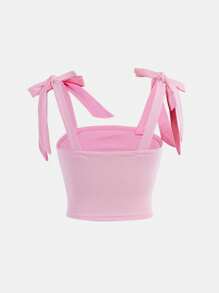 SHEIN Tween Girl Elegant Solid Fitted Sweet Bow-Knot Tie Shoulder Side Ruched Cami Tank Top - Baby Pink - View 2