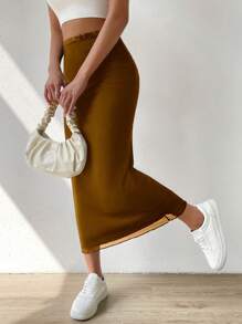 SHEIN EZwear Ladies' Solid Color Mesh Lace Trim Midi Skirt - Coffee Brown - View 5