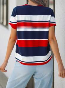 EMERY ROSE Camiseta holgada casual de mujer de talla grande con cuello redondo y manga corta, a rayas en rojo, azul y blanco, estilo de vacaciones para el Día de la Madre