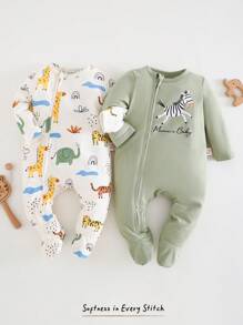 Cozy Pixies 2件套新生女宝宝卡通动物图案针织柔软圆领长袖连体衣 - 綠色 - 查看 3