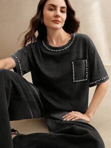 Anewsta 女士春夏混色雪洗黑重工美甲钻石音乐节黑色时尚T恤 - 黑色 - 查看 1