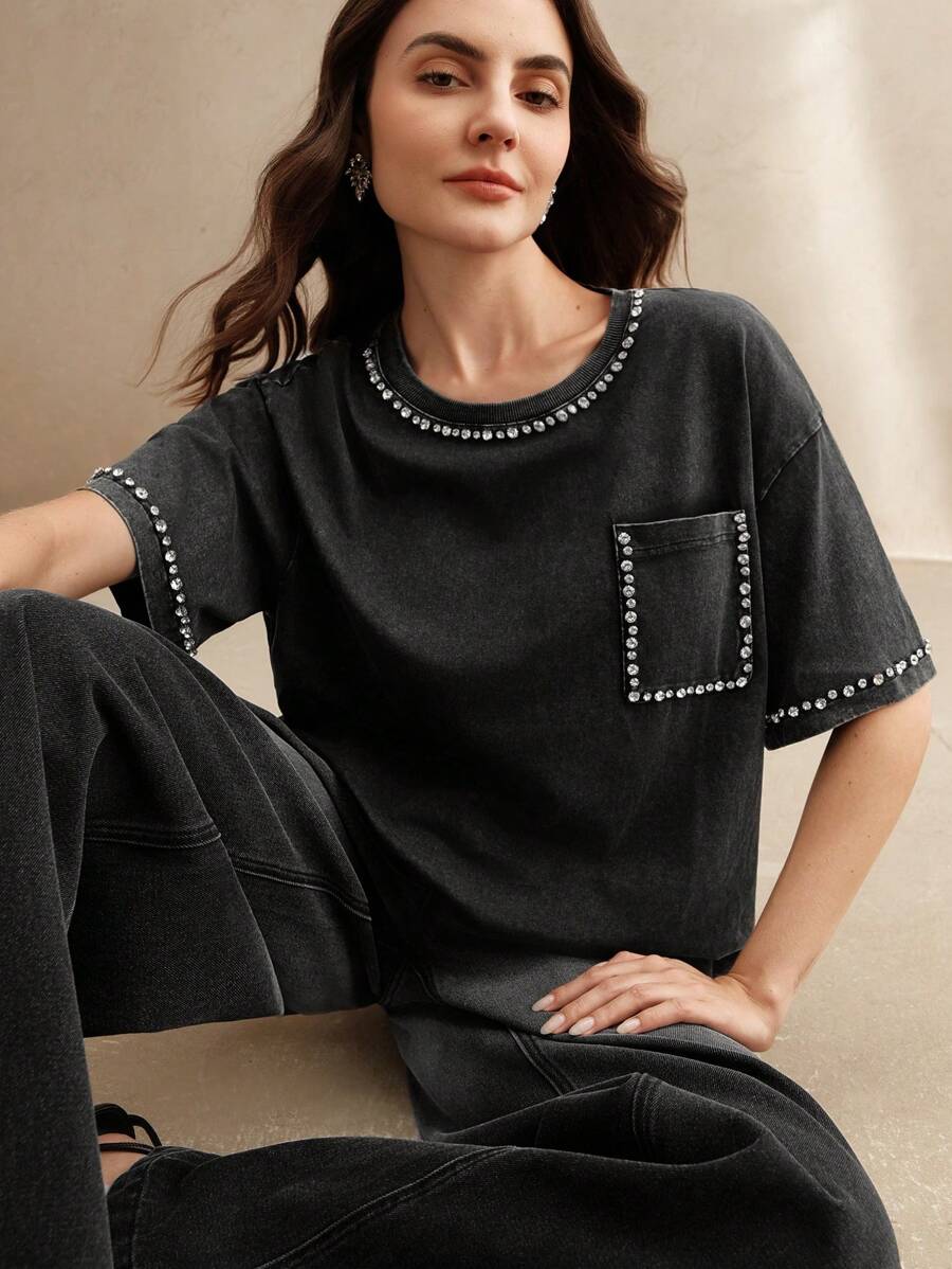 Anewsta 女士春夏混色雪洗黑重工美甲钻石音乐节黑色时尚T恤 - 黑色 - 查看 1