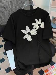 SHEIN LUNE Áo thun tay ngắn cổ tròn in họa tiết hoa cho nữ - màu đen - Xem 1