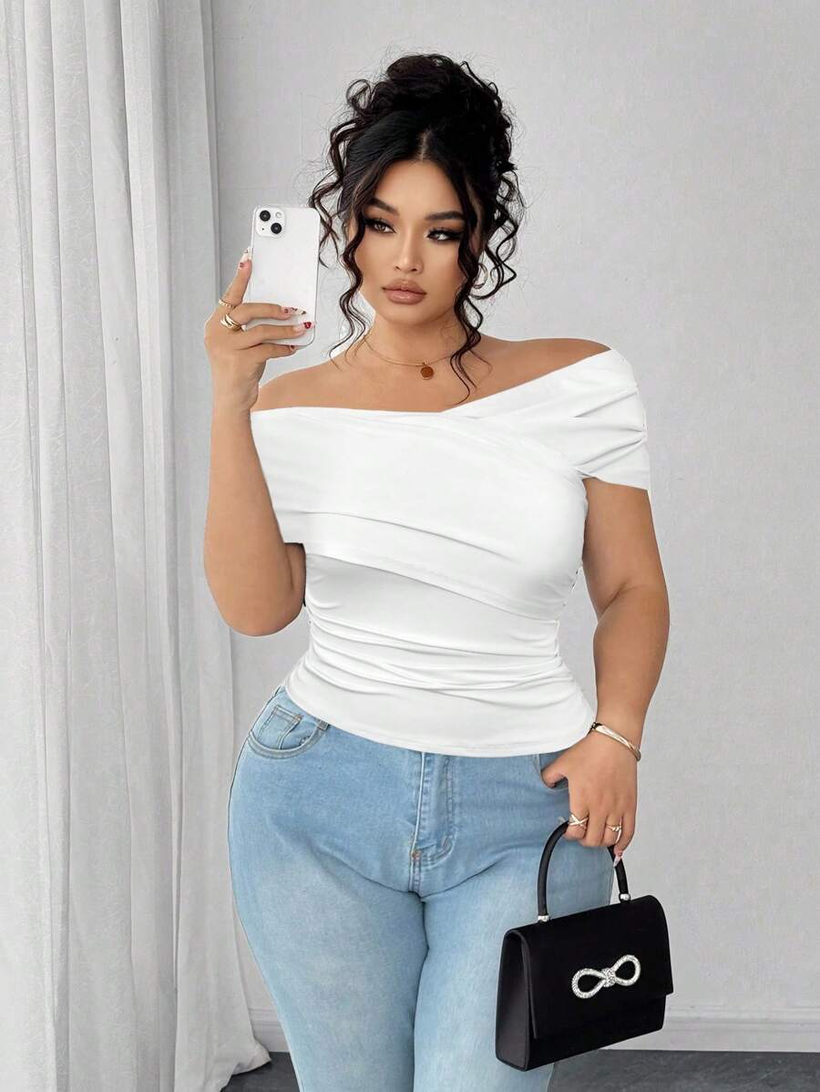 Elenzga Plus Size Women's Off Shoulder Criss-Cross Front Ruched Waist Slimming Dress, Suitable For Outing, Dates, Gatherings With Friends, Casual Occasions, Park Picnics, Commuting, Shopping, Etc. Comfortable Fabric, Stylish Design, Great Value