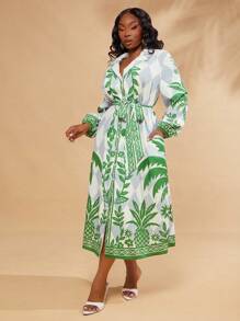 SHEIN SXY Robe chemise imprimée à manches longues élégante et sexy pour femme grande taille, adaptée pour le port quotidien, les mariages, BOHO, bohème, les sorties, les vacances à la plage, les vacances, le bord de mer, le style western, les festivals de musique, les concerts, les fêtes de carnaval, avec des couches riches, les sorties, Ibiza, Nashville, les pauses, modeste, chic, le club