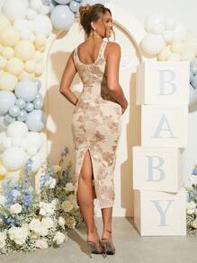 Loomaby فستان أنيق لسيدات الحوامل أحادي القطعة، لون نقي، عصري، مناسب للصيف - كاكي - مشاهدة 2