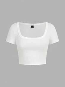 SHEIN EZwear 4件套女士休闲简约圆领/方领短袖短款基本款上衣，黑色，深蓝色，浅蓝色，白色，适合夏季 - 彩色 - 查看 3