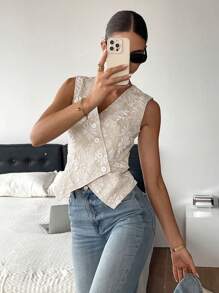 Serisse Áo vest thời trang đơn hàng khuy đơn dệt hoa jacquard dành cho nữ - Màu be - Xem 4
