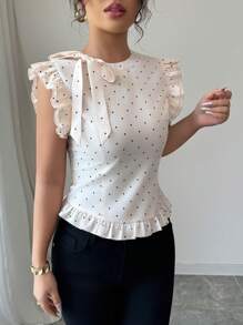 Elenzga Áo peplum tay ngắn in họa tiết chấm bi buộc phía trước cho nữ - Màu be - Xem 5